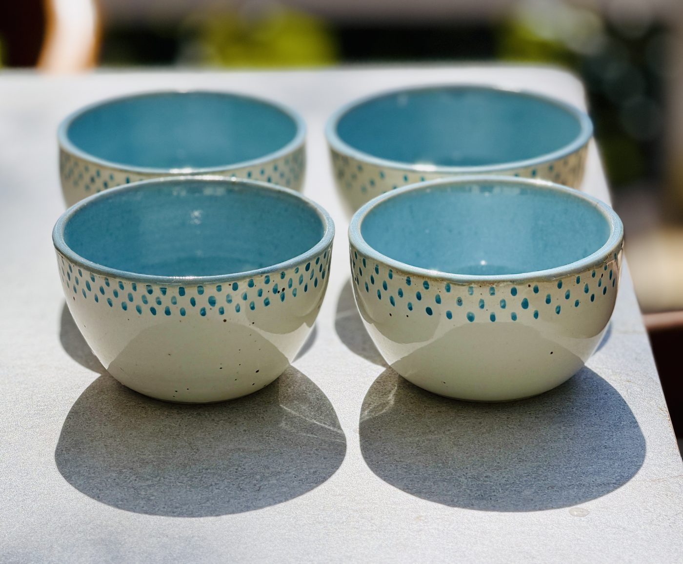 Stoneware Set of dessert bowls “Lady & Spot” white/blue/dots, handmade by Suzanne Luna