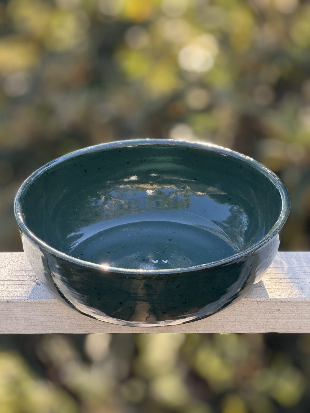 Stoneware Large teal speckled bowl, two white hearts, handmade by Suzanne Luna