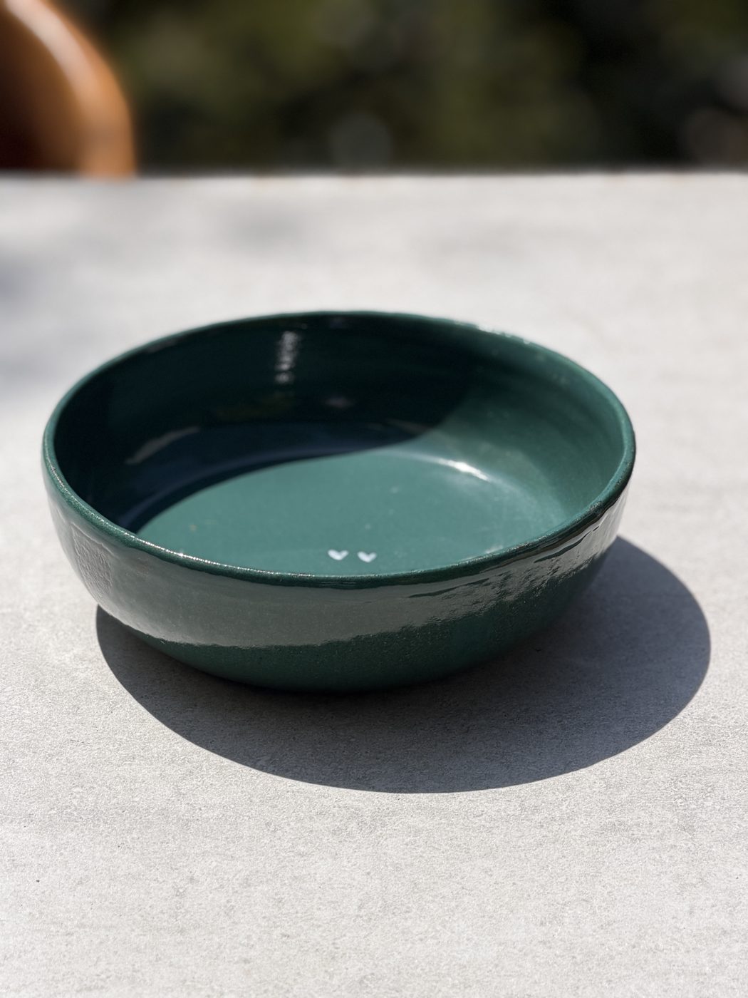 Stoneware Large low speckled Teal bowl two hearts, handmade by Suzanne Luna
