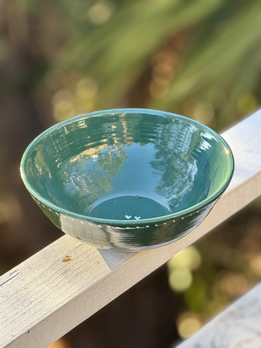 Stoneware Large speckled Teal bowl two hearts and dots, handmade by Suzanne Luna