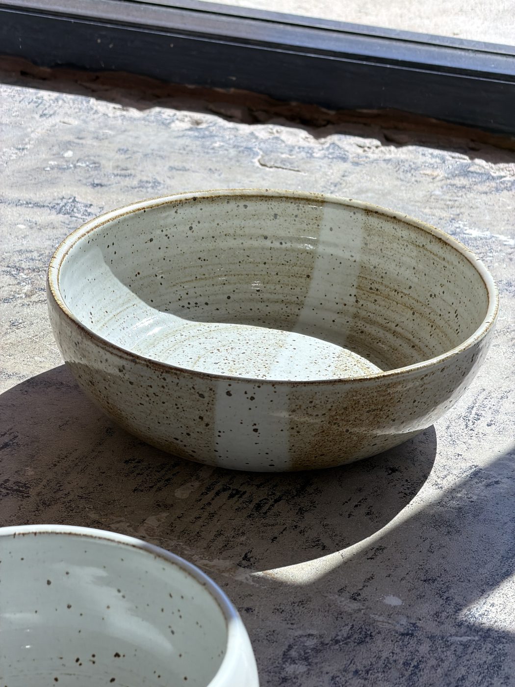Stoneware large speckled bowl with stripe, handmade by Suzanne Luna