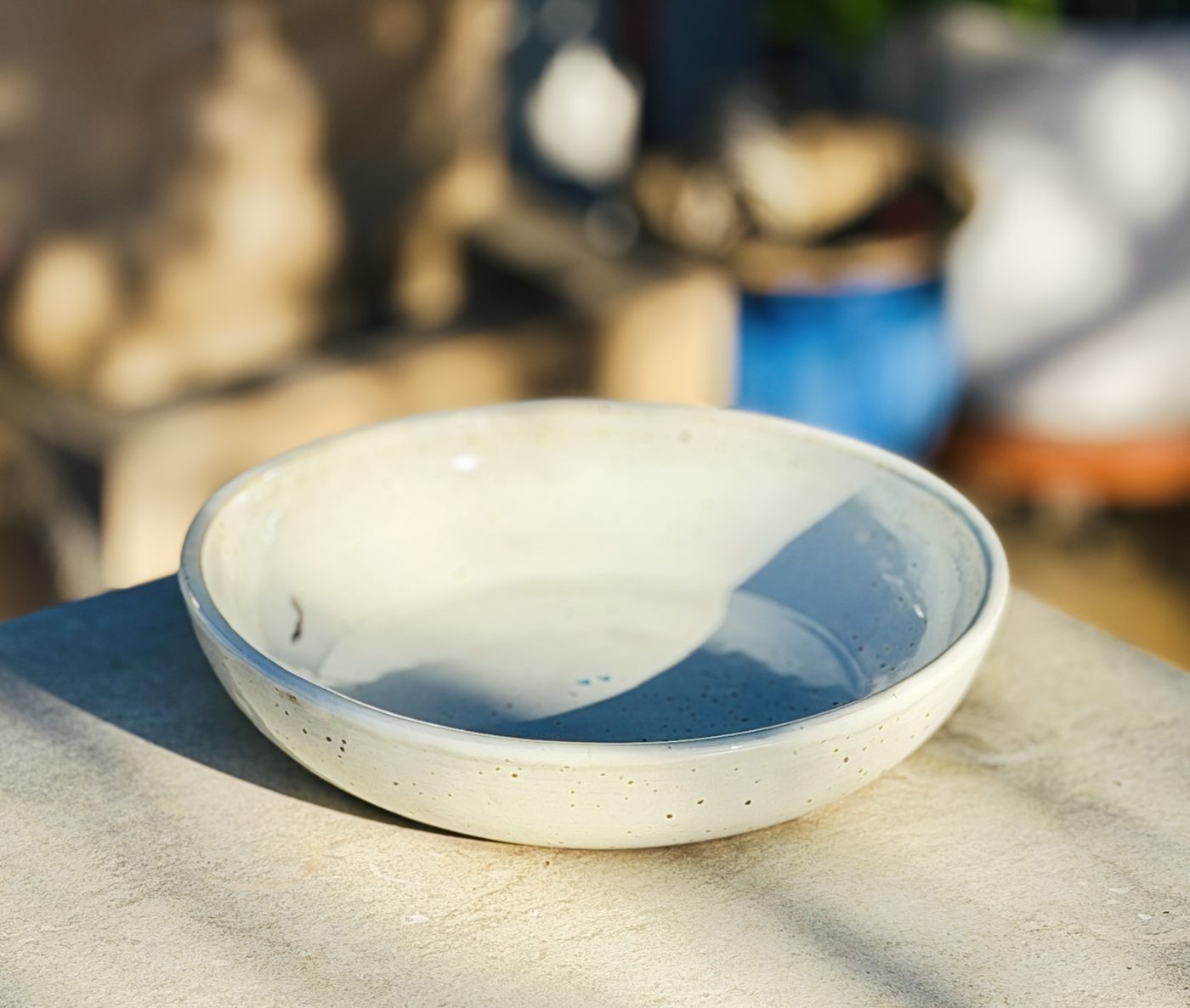 Extra Large low white speckled bowl, two hearts, handmade by Suzanne Luna