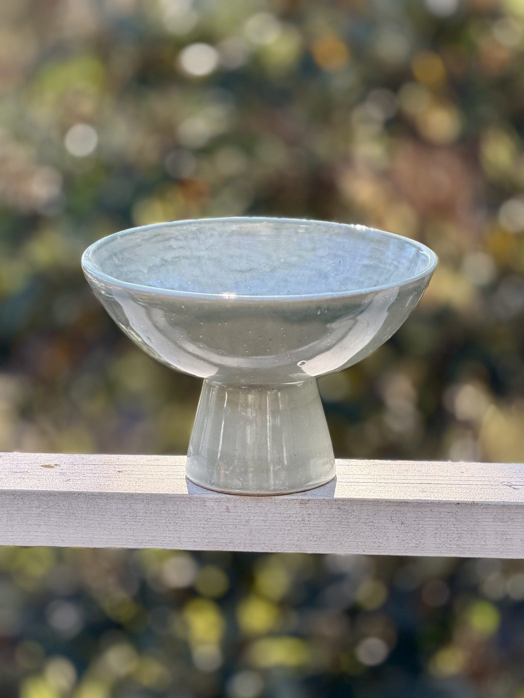 Stoneware Celedon Pedestal Fruit Bowl or Catch All Bowl, handmade by Suzanne Luna