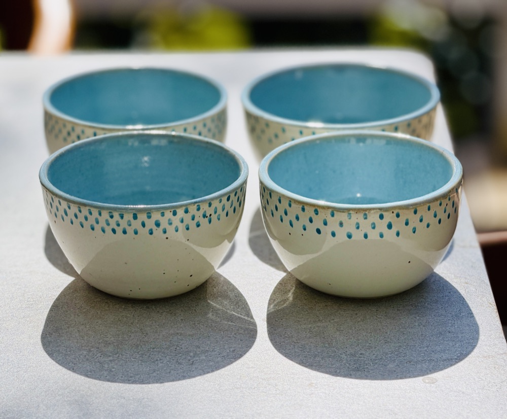 Set of dessert bowls white/blue/dots (Lady & Spot), handmade by Suzanne Luna