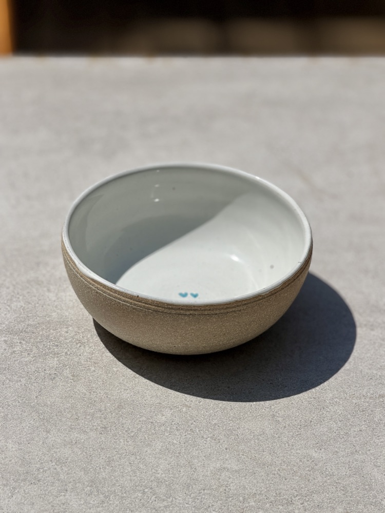 White two hearts raw ext. bowl, handmade by Suzanne Luna