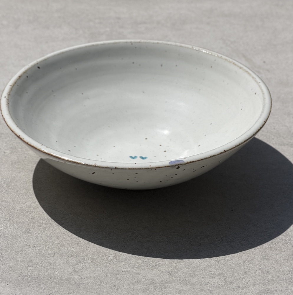 Large White speckled bowl two hearts, handmade by Suzanne Luna