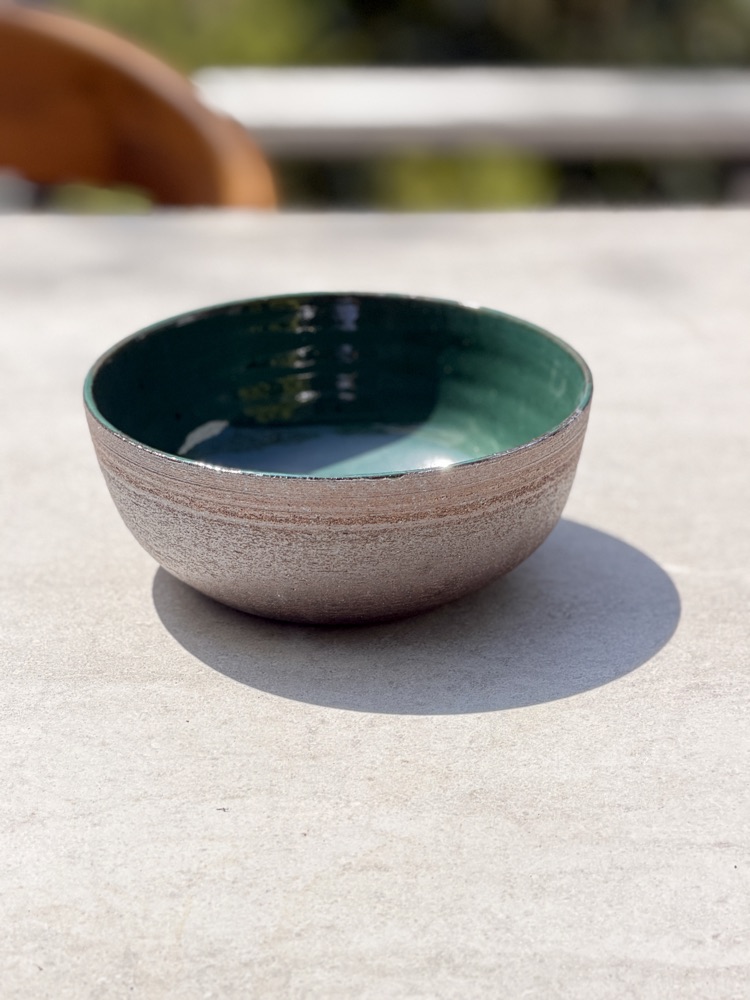 Large Teal int. Raw black clay exterior Bowl (discounted due to bubble in glaze, handmade by Suzanne Luna