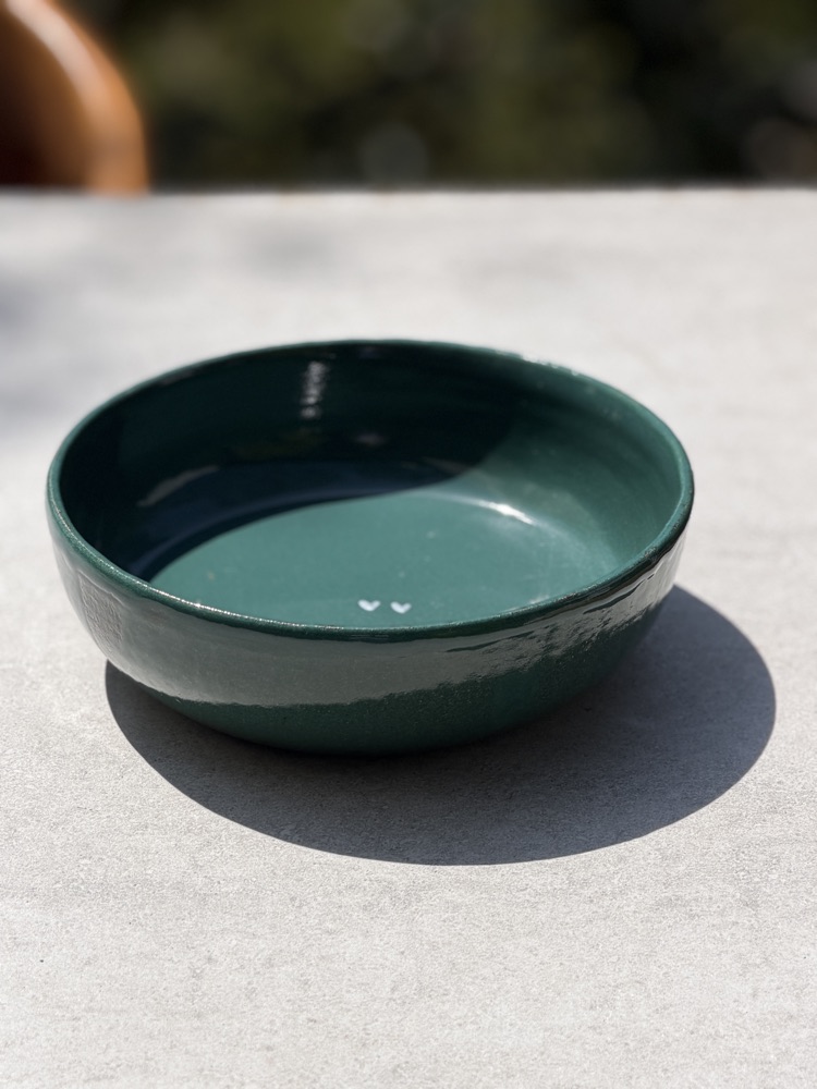 Large low speckled Teal bowl two hearts, handmade by Suzanne Luna