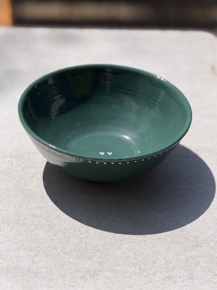 Large speckled Teal bowl two hearts and dots, handmade by Suzanne Luna