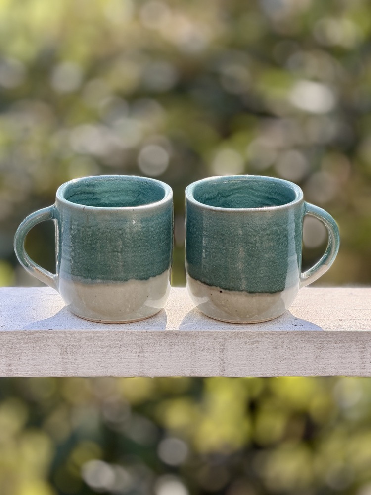 Blue and white squared off mugs, handmade by Suzanne Luna