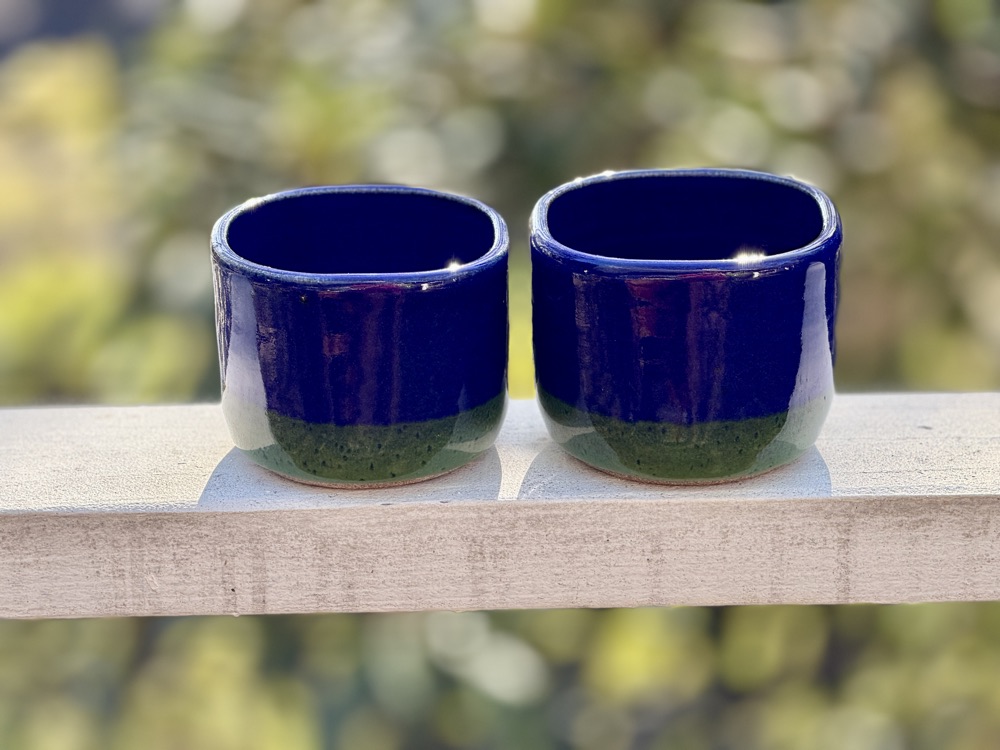 Blue green handle free squared off mugs, handmade by Suzanne Luna